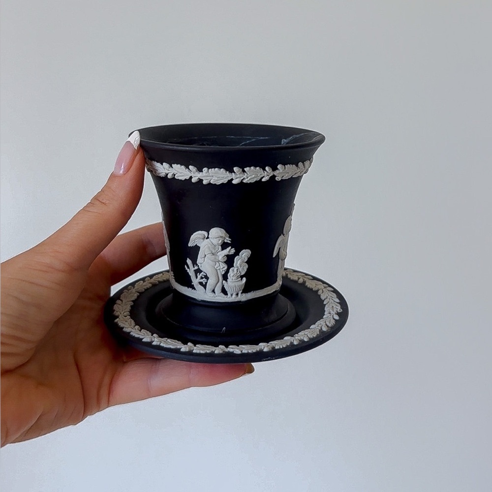Vintage Black and White Hand-Carved Cup & Saucer - Wedgewood London England